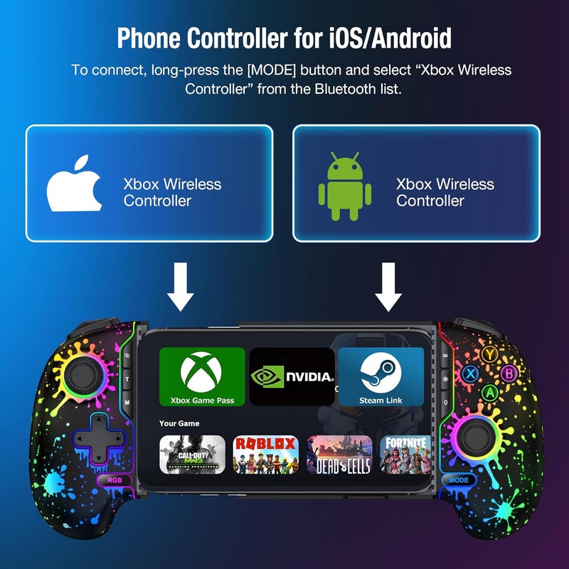 AXYBCOOL Store Mobile Wireless Phone Controller for iphone/Android with Hall Joystick, Mobile Game Controller with Phone Case Support, Compatible with Xbox Game Pass, Steam Link, Call of Duty, Roblox & Minecraft (Black - watercolor light) - Image 2